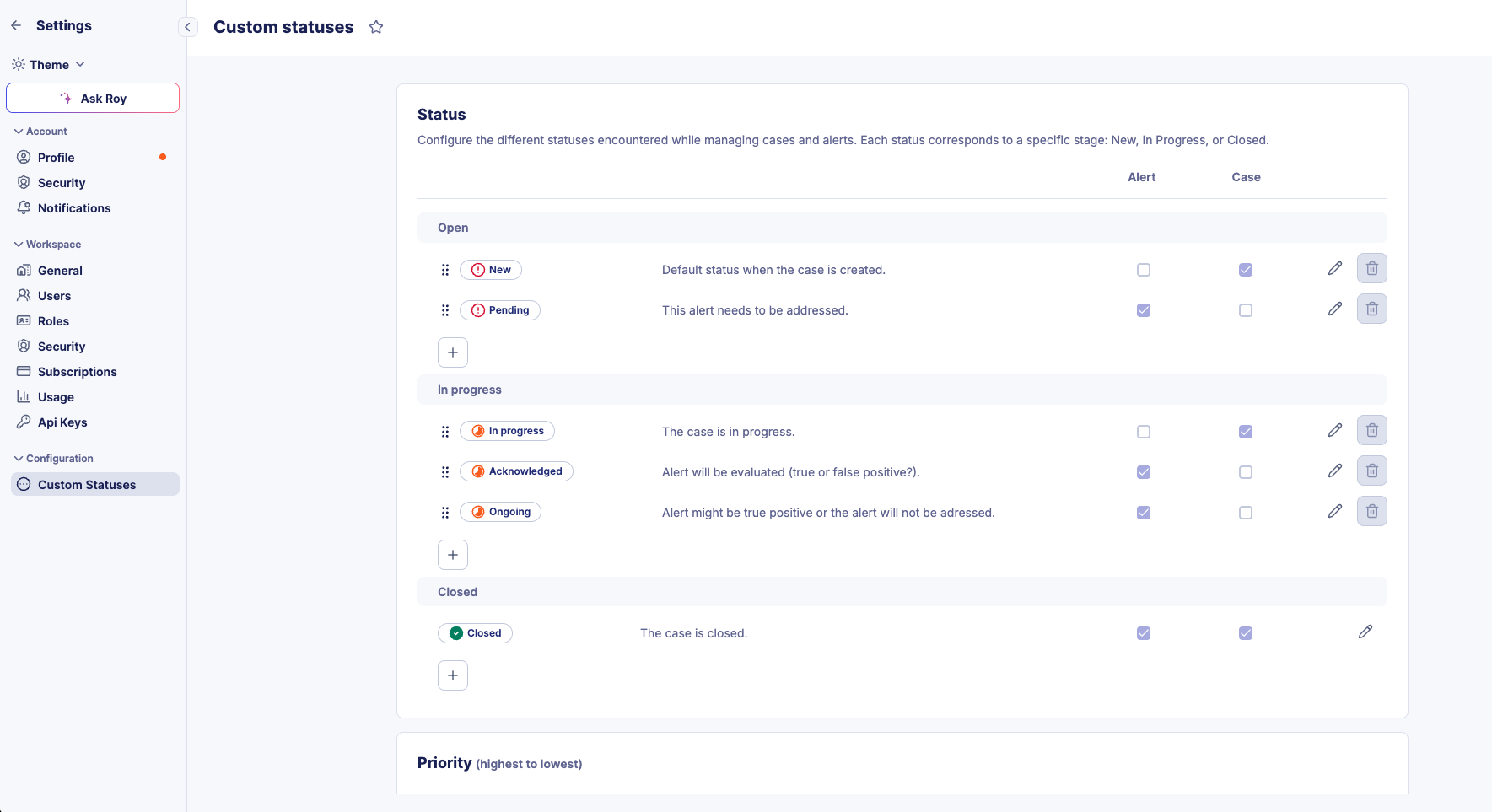 Custom Statuses Configuration