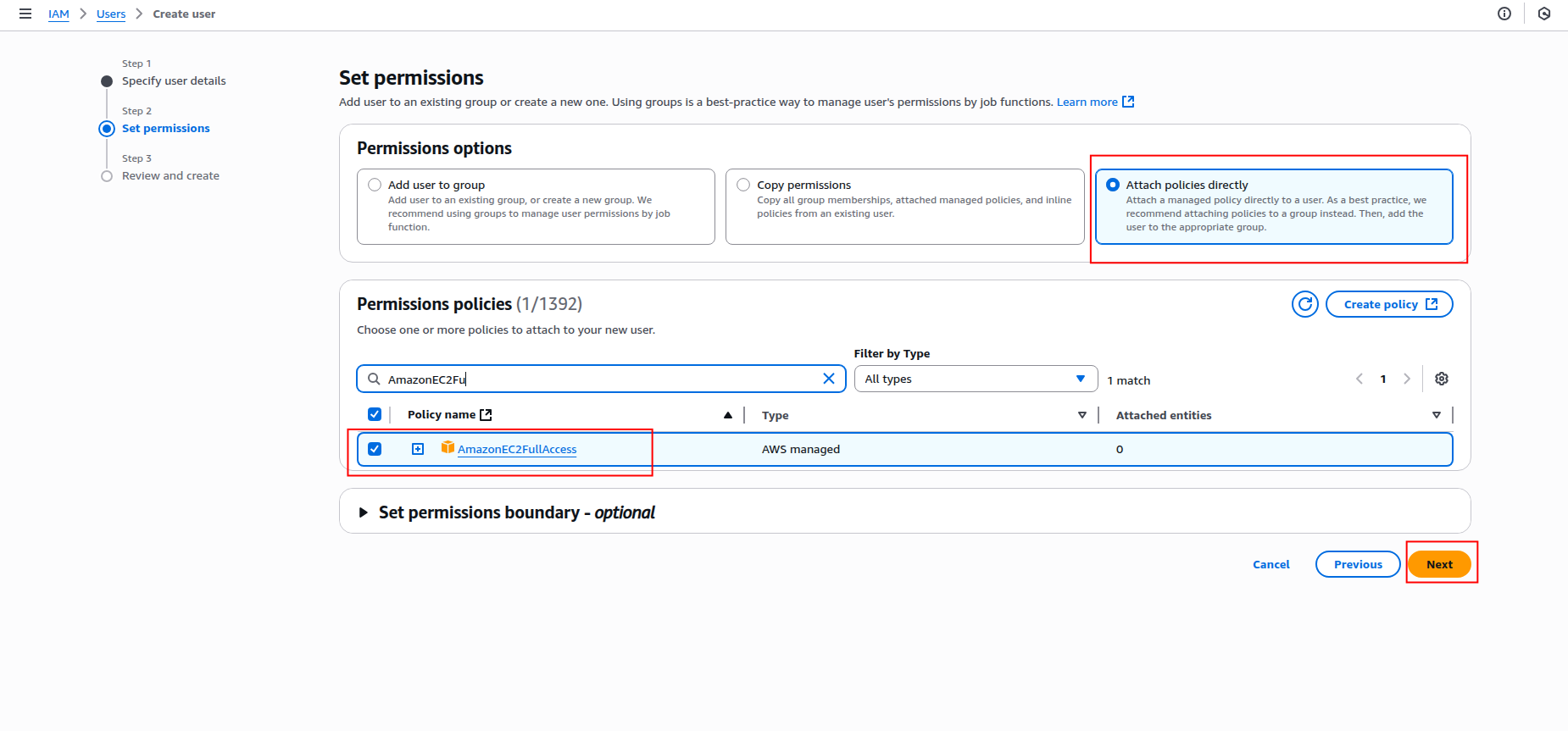 Policy attachment page with EC2 policies selected