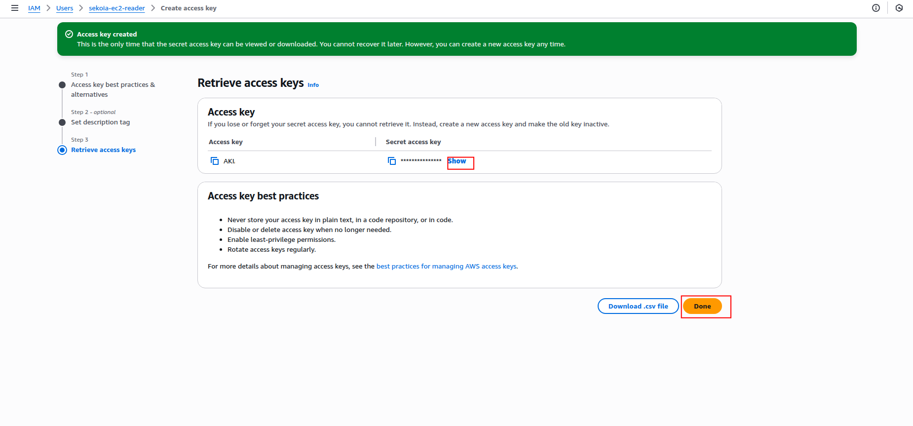Access key credentials display