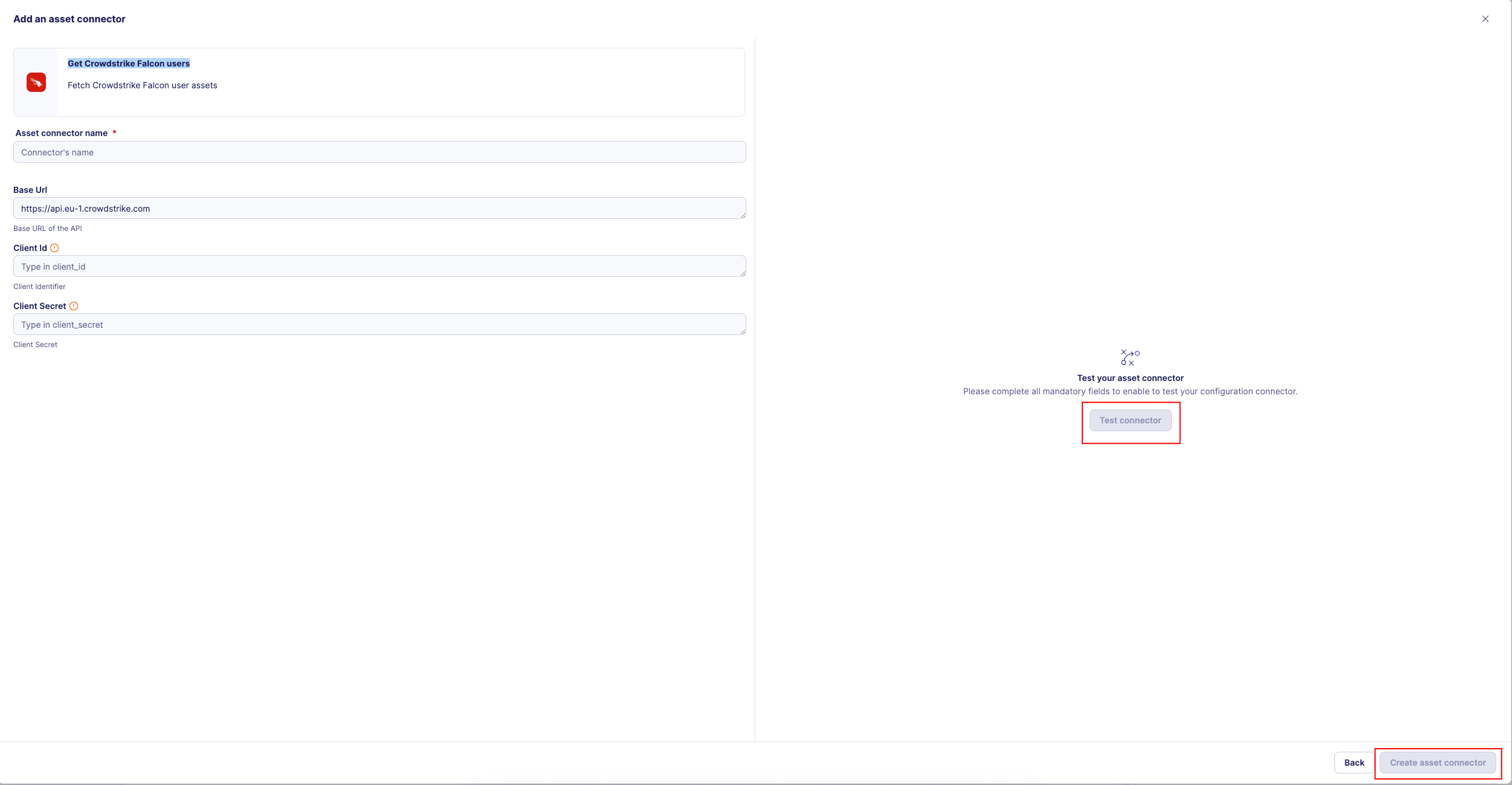 Connector test result and Create asset connector button highlighted