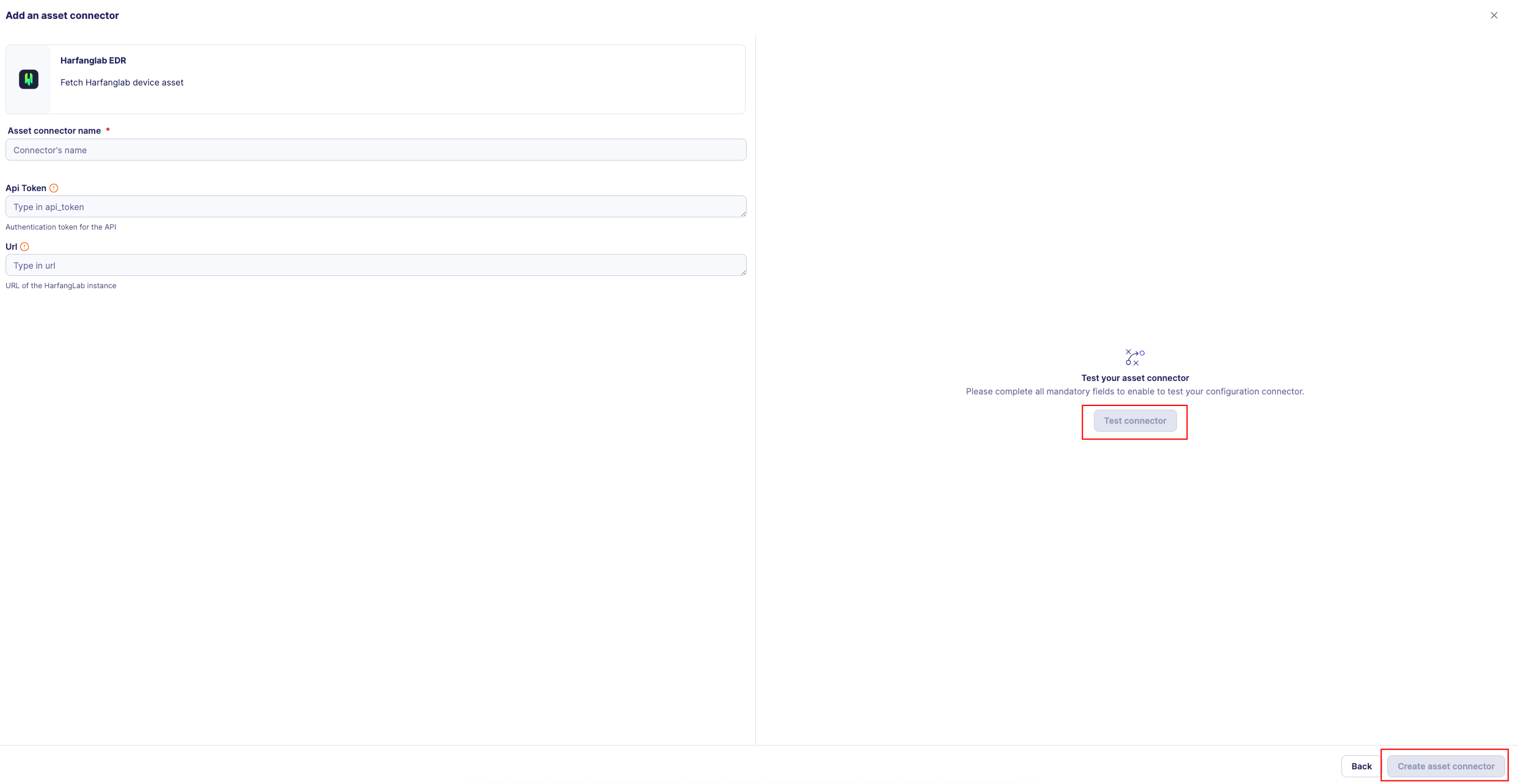 Connector test result and Create asset connector button highlighted
