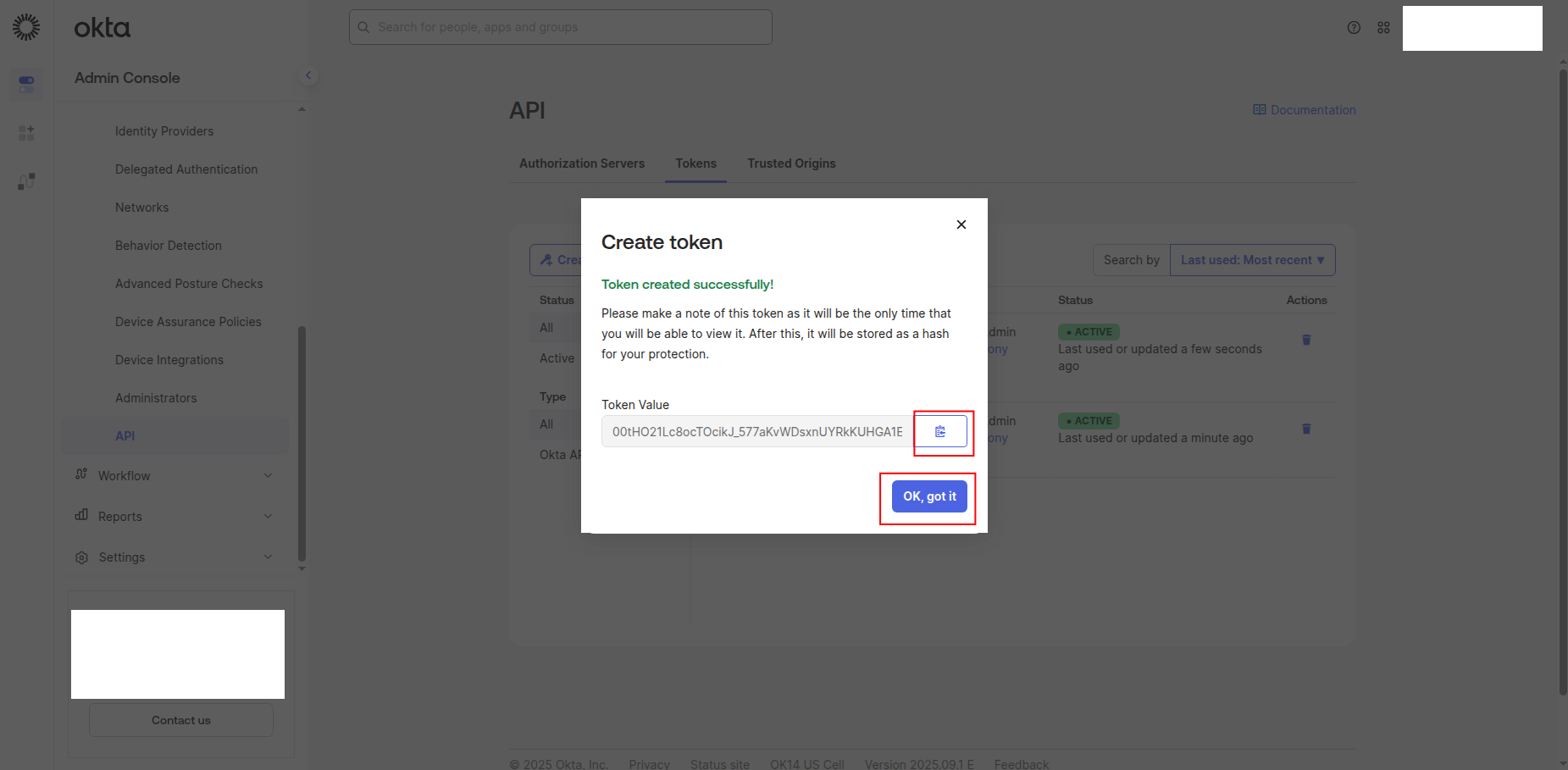 API Token value display
