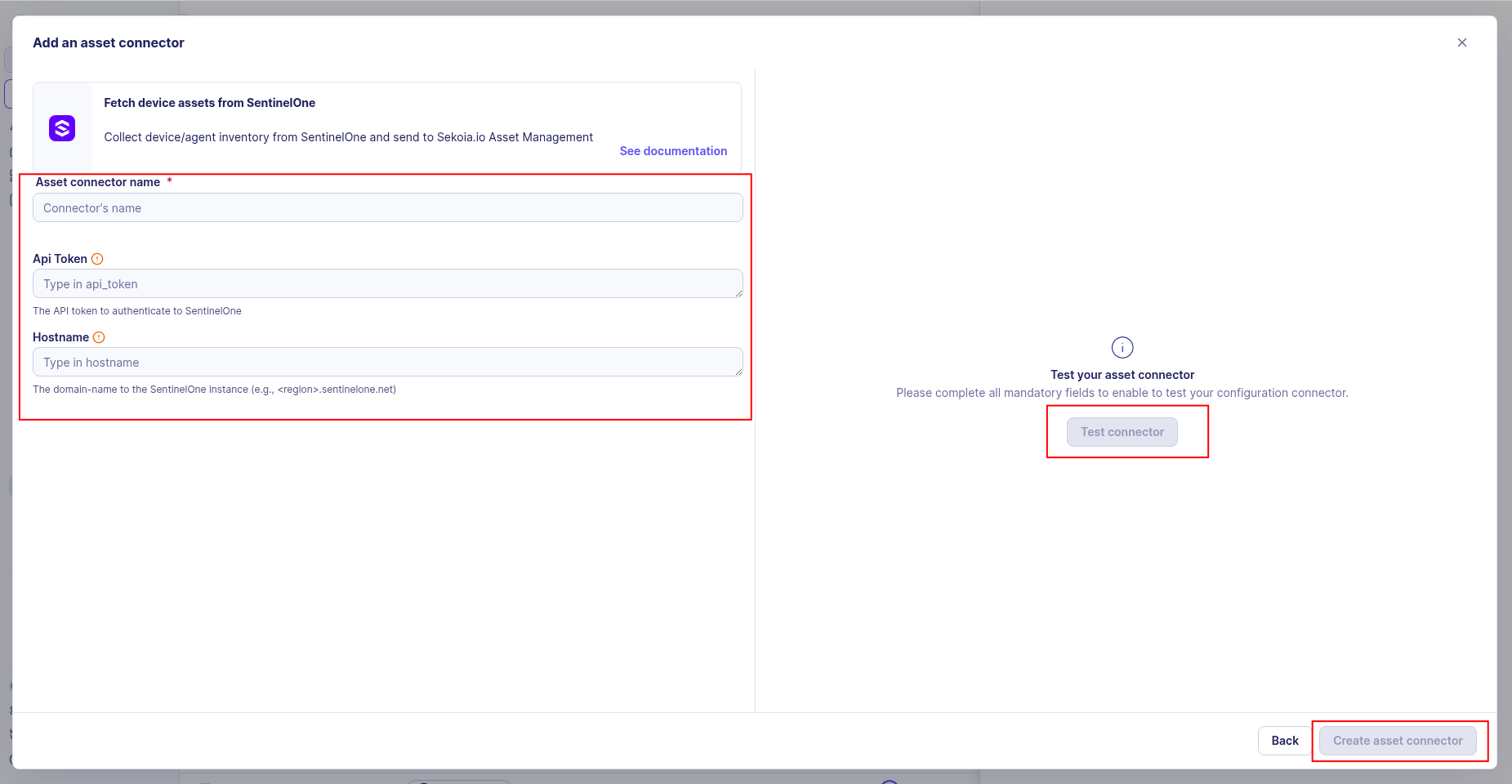 Connector test result and Create asset connector button highlighted