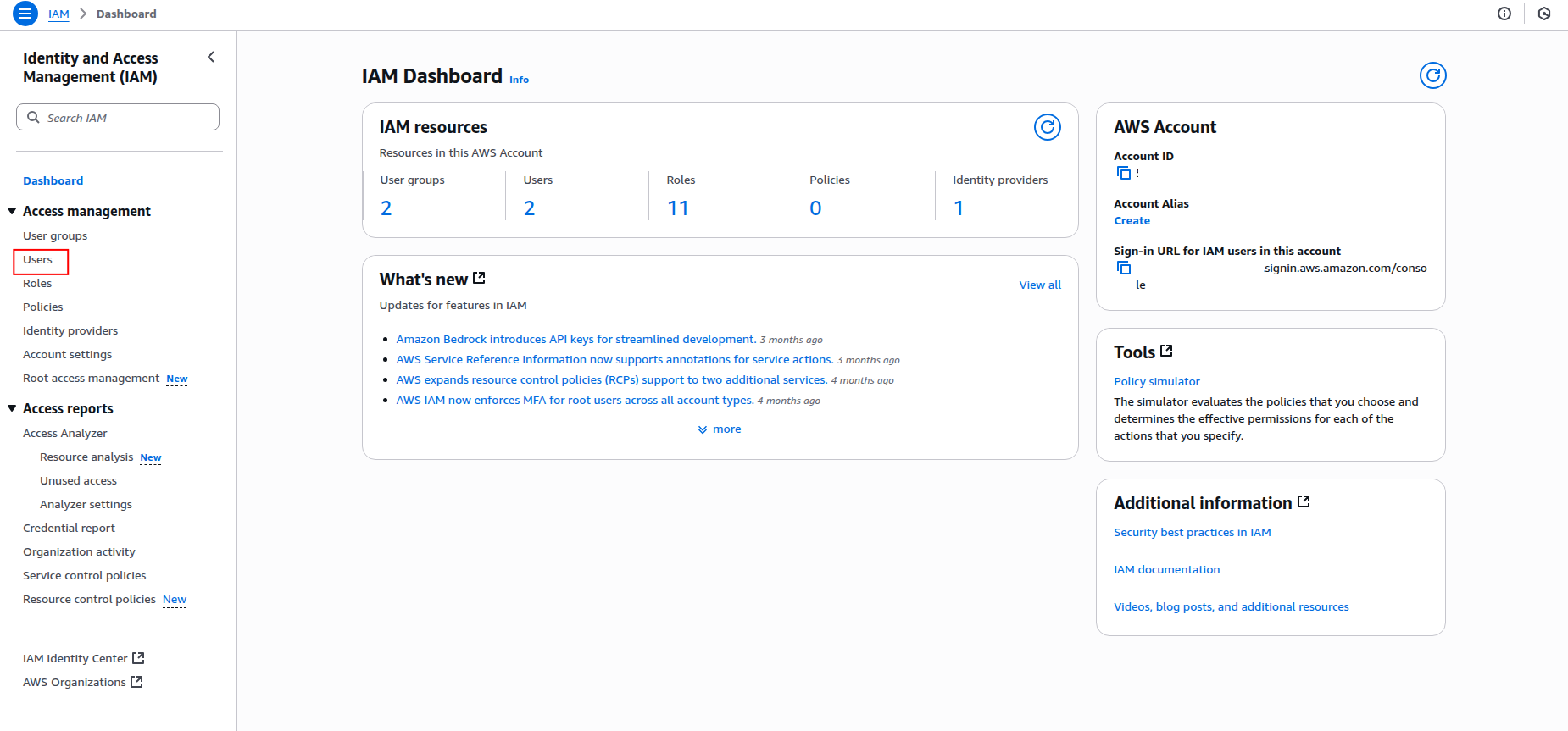 AWS Console IAM service selection