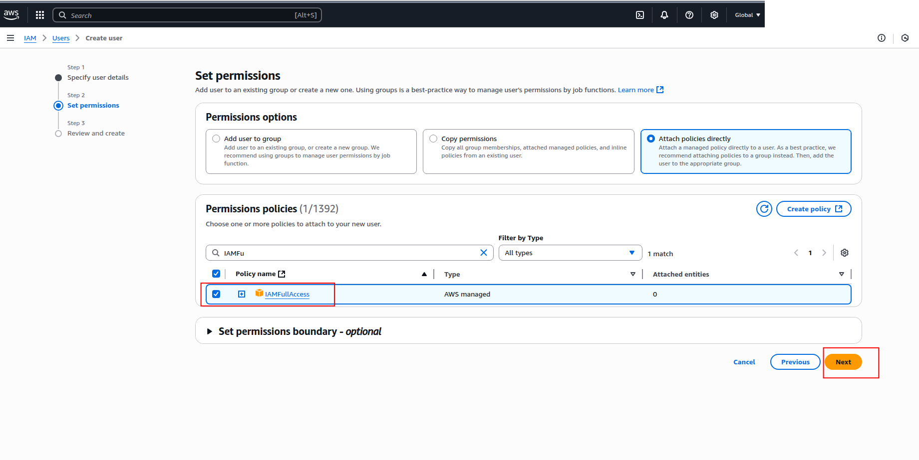 Policy attachment page with IAM policies selected