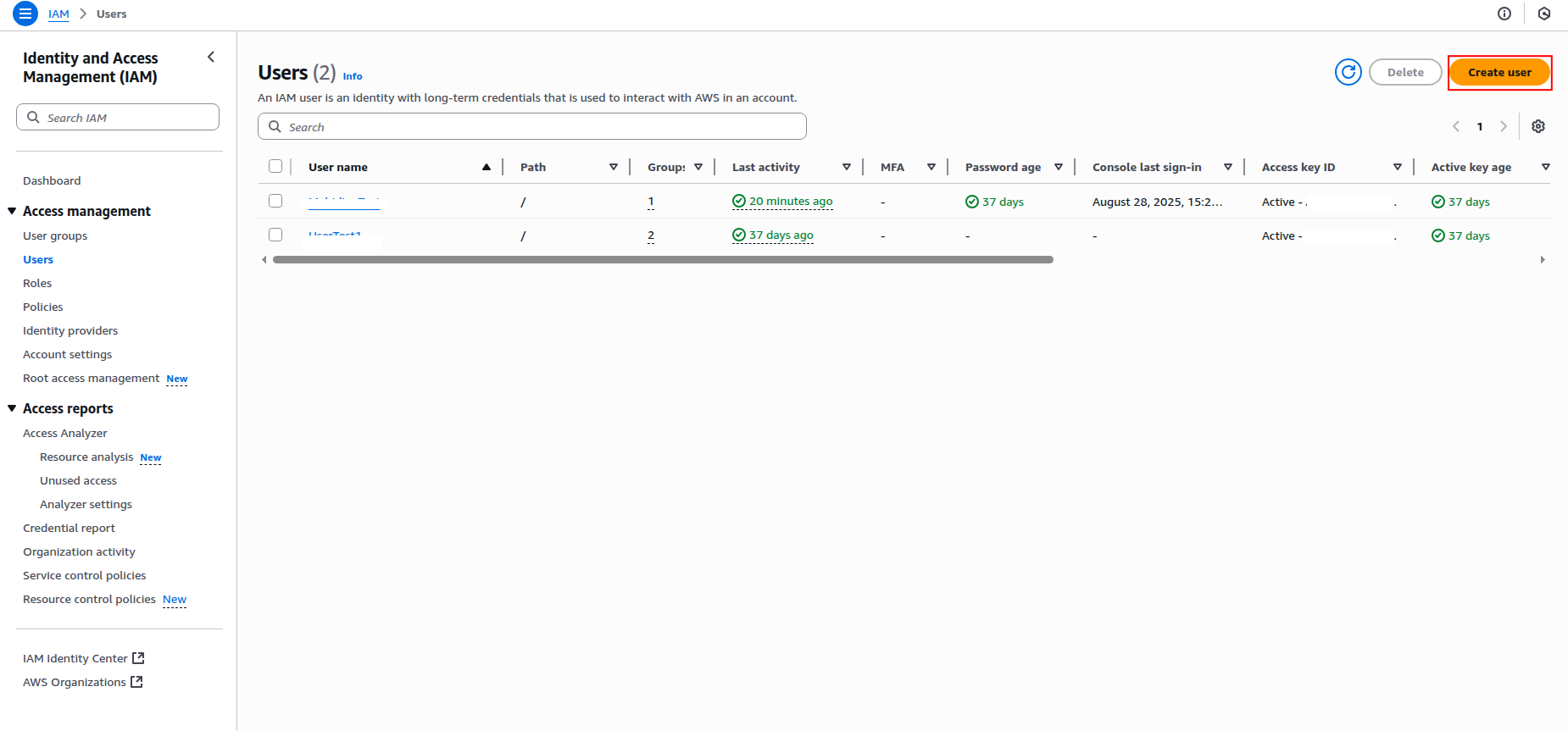 IAM Users page with Create user button highlighted