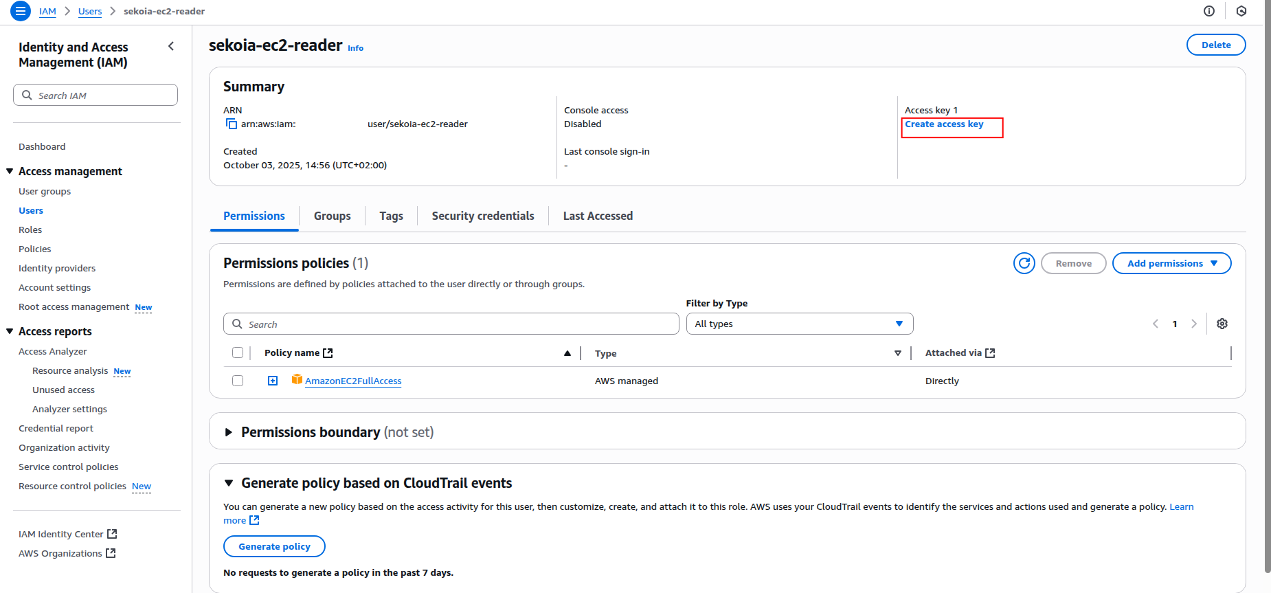 Access keys section with Create access key button