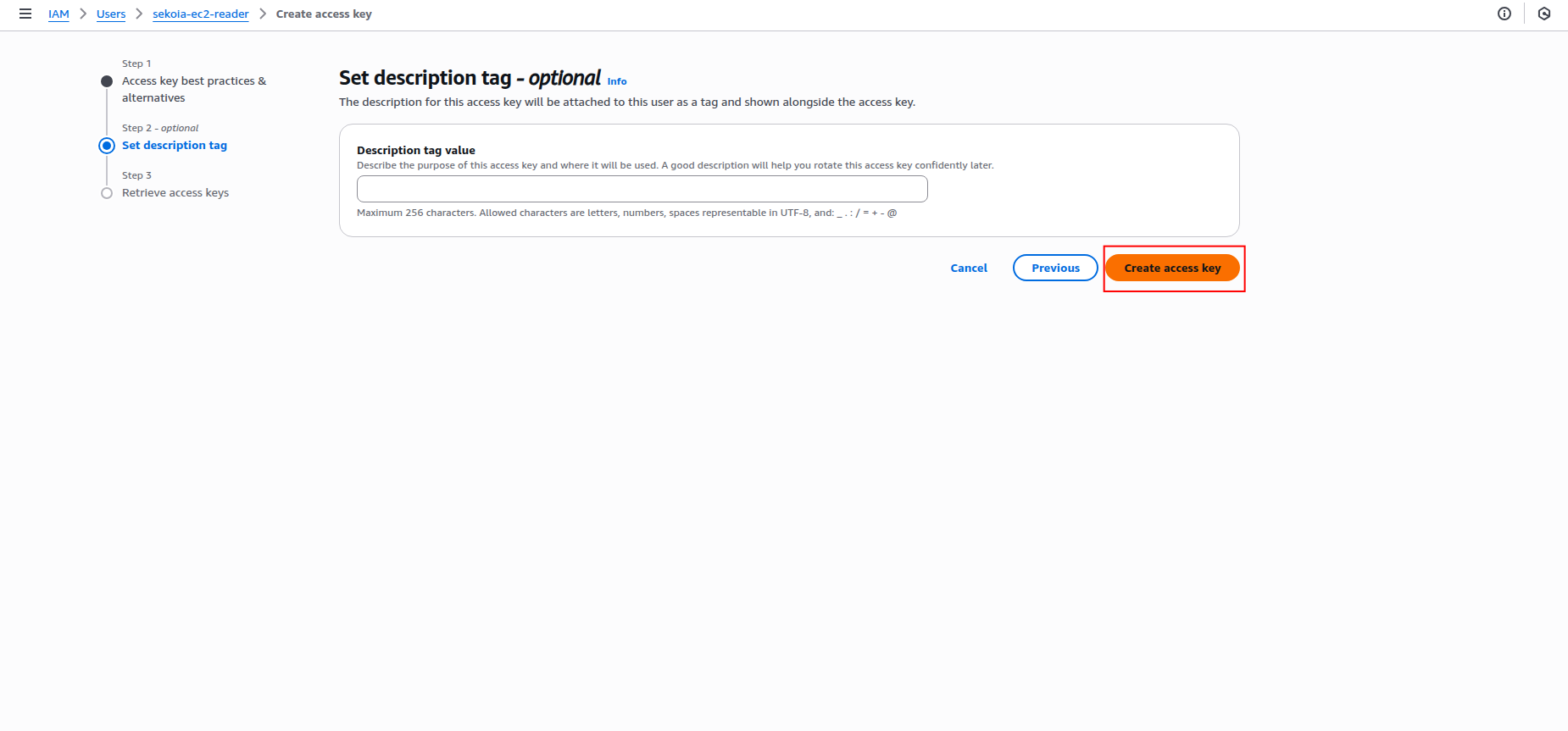 Access key creation with description tag