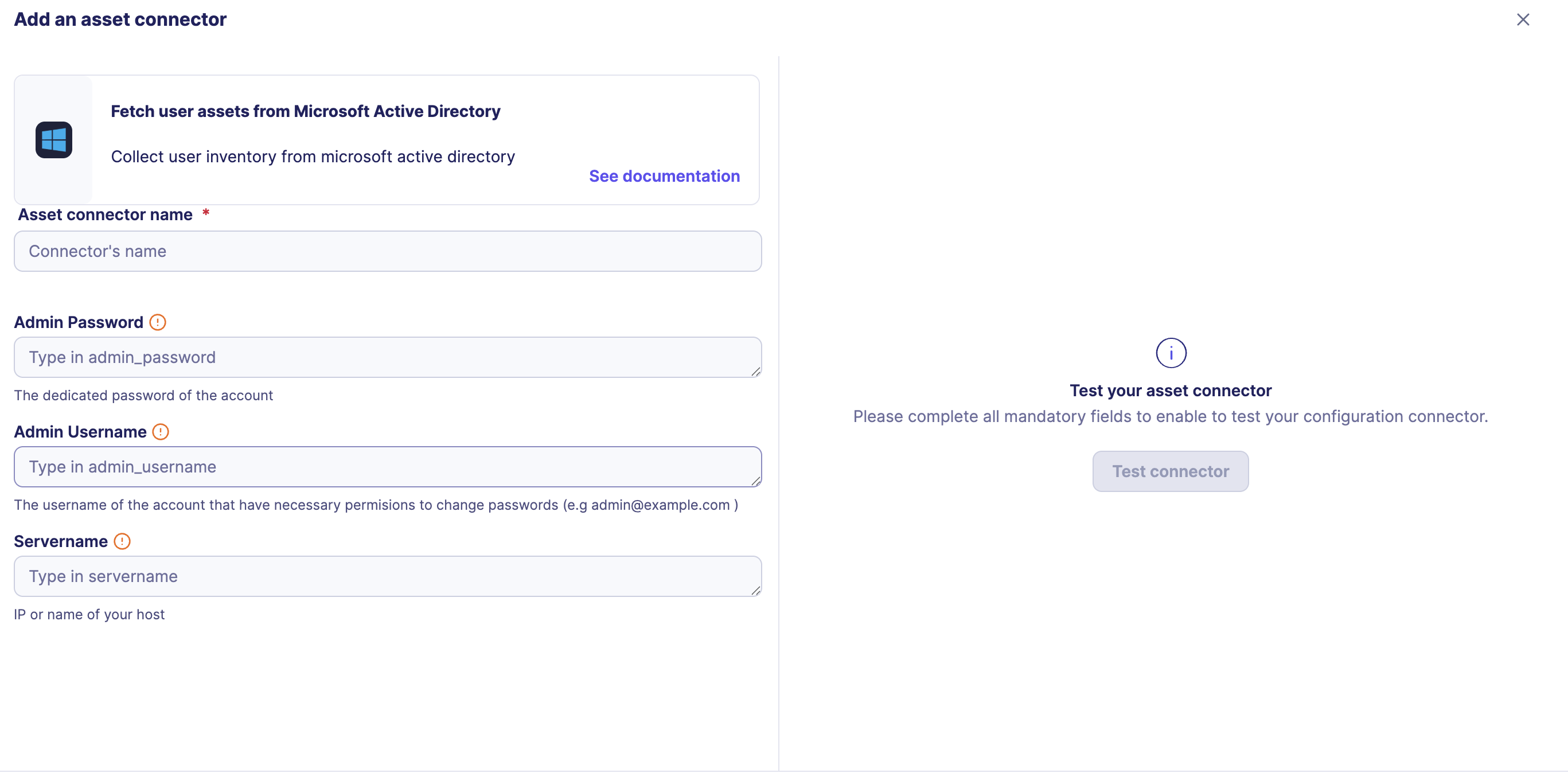 Connector test result and Create asset connector button highlighted