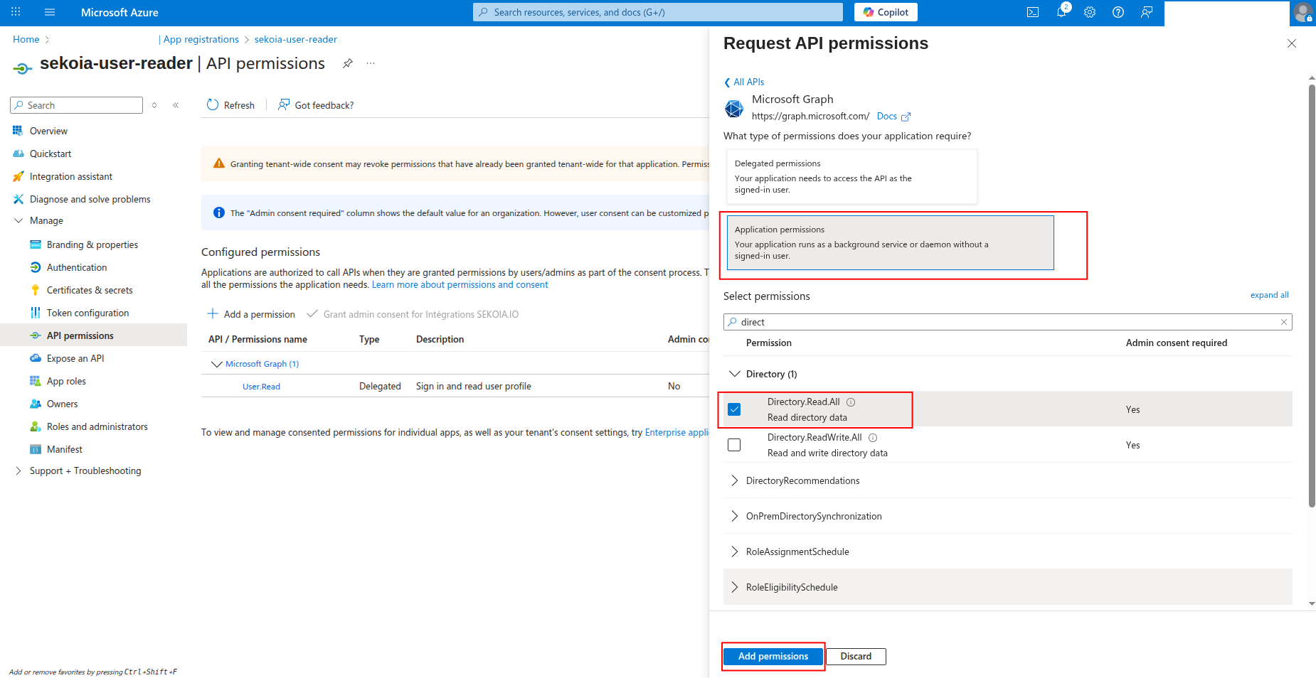 Application permissions selection