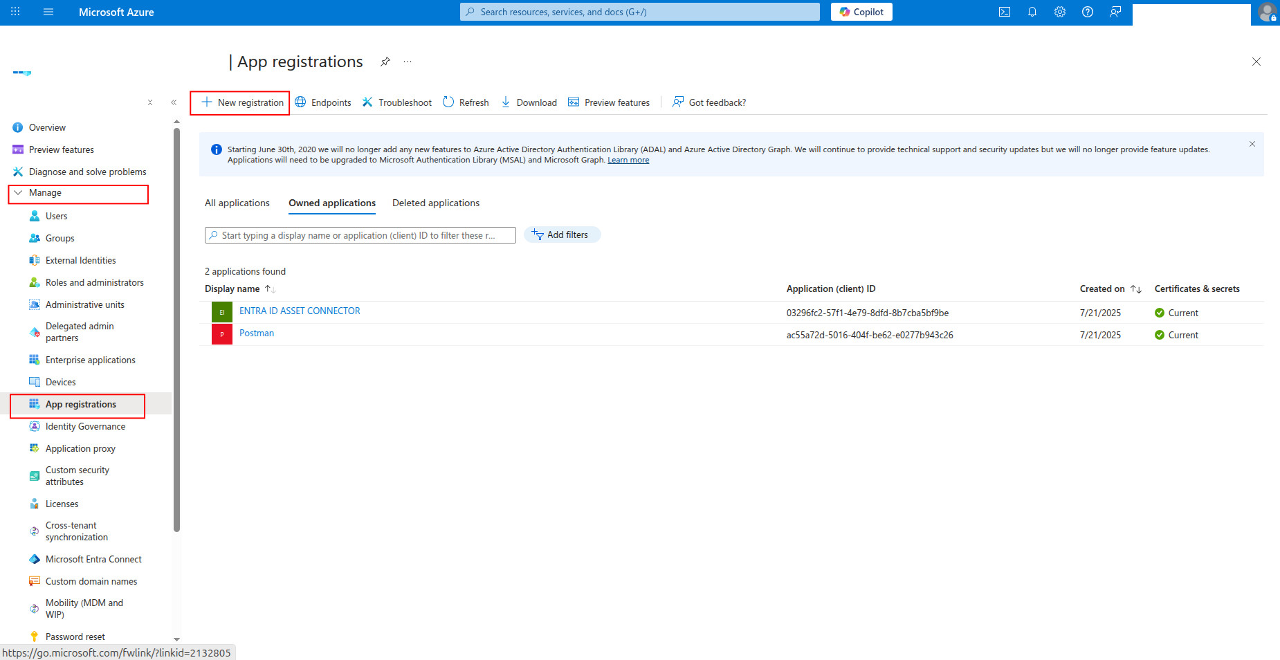 App registrations page with New registration button highlighted