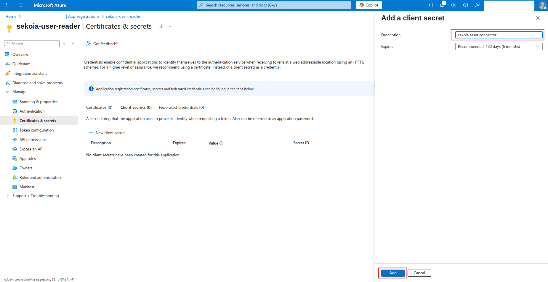 Client secret creation form