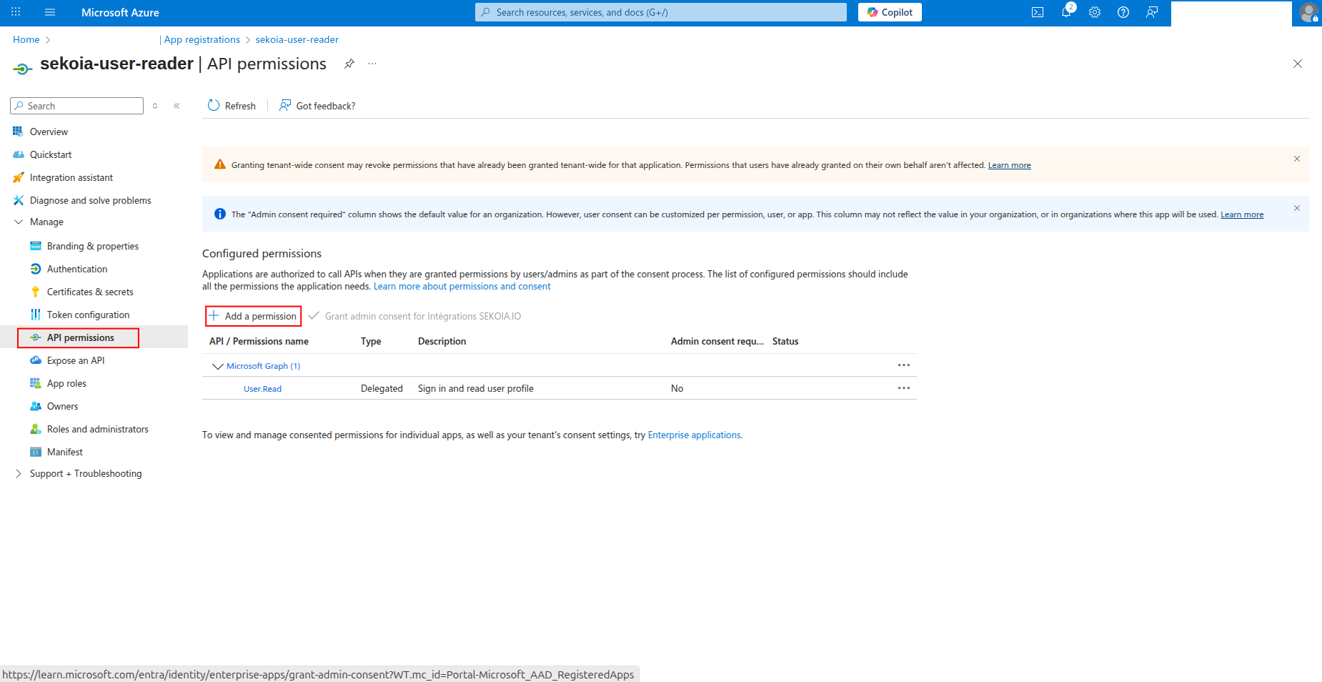 Add a permission button highlighted