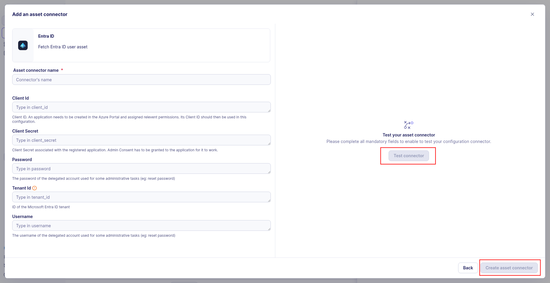 Connector test result and Create asset connector button highlighted