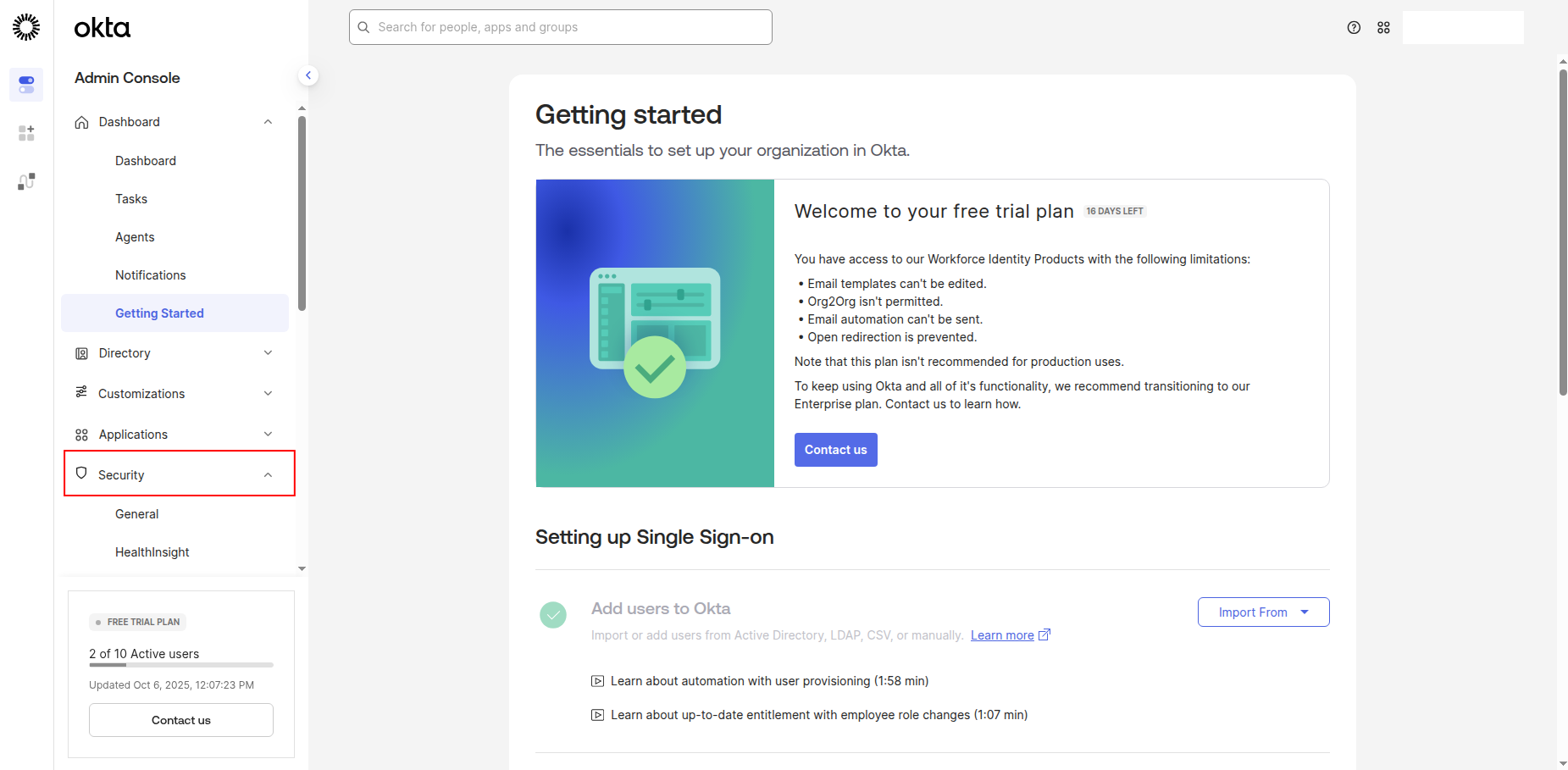 Okta Admin Console Security section
