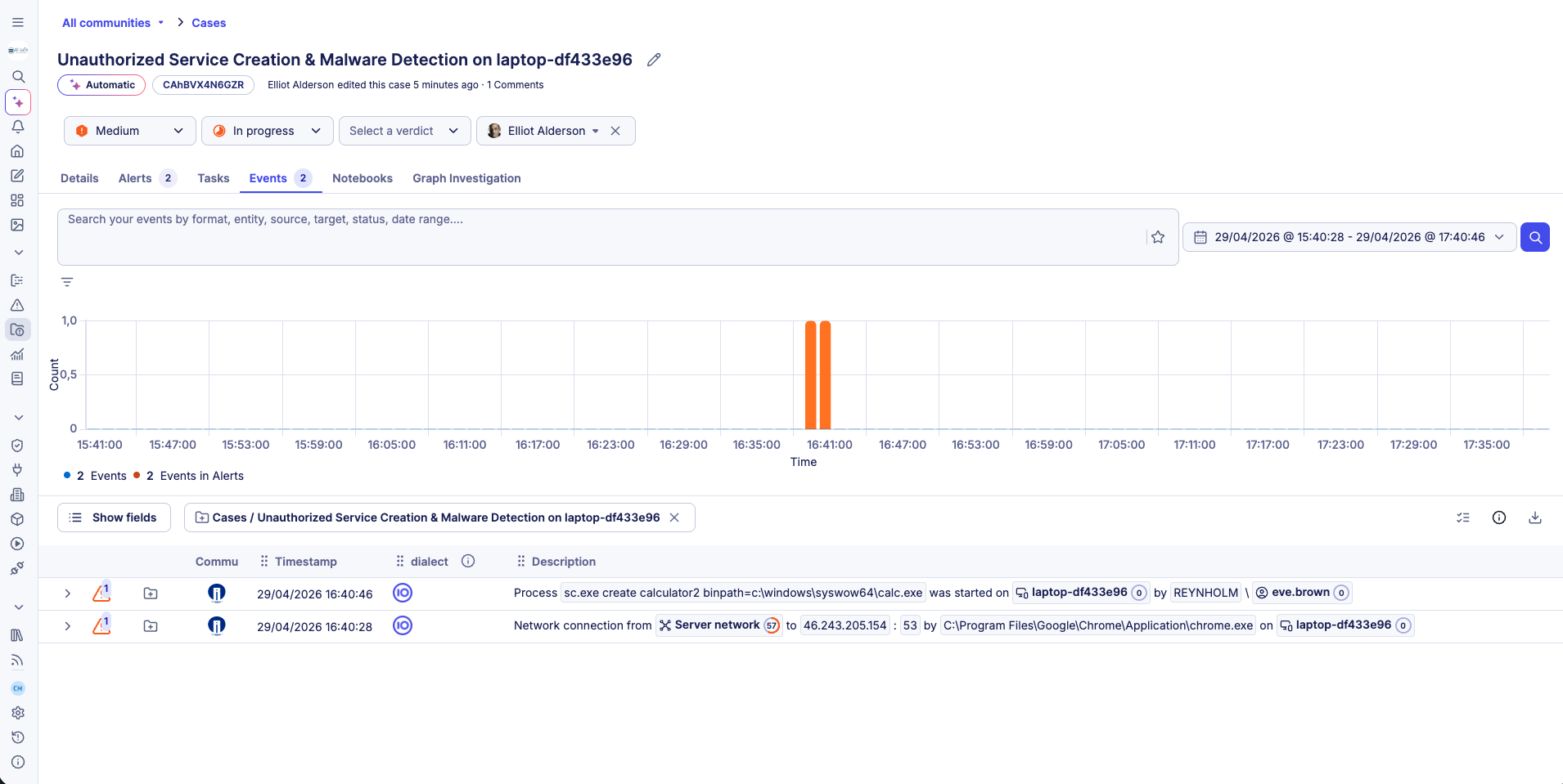 Events tab inside a case