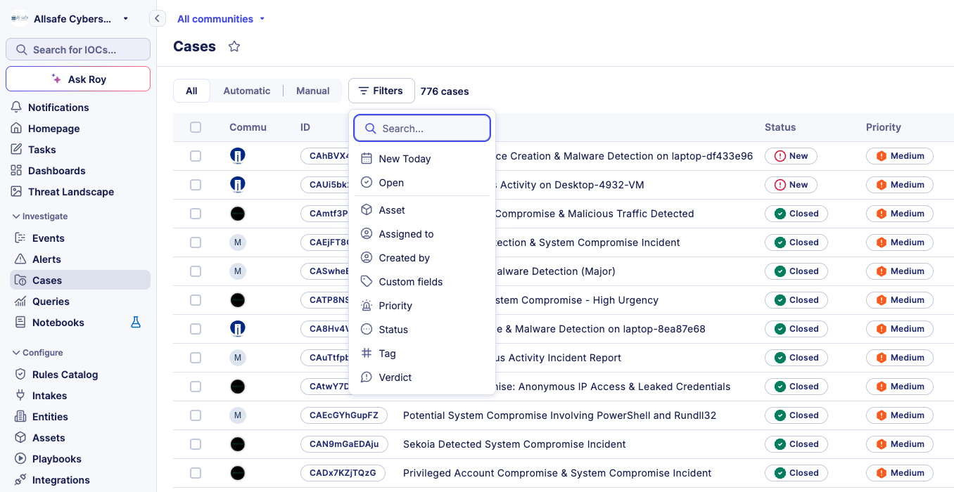Case listing with filter