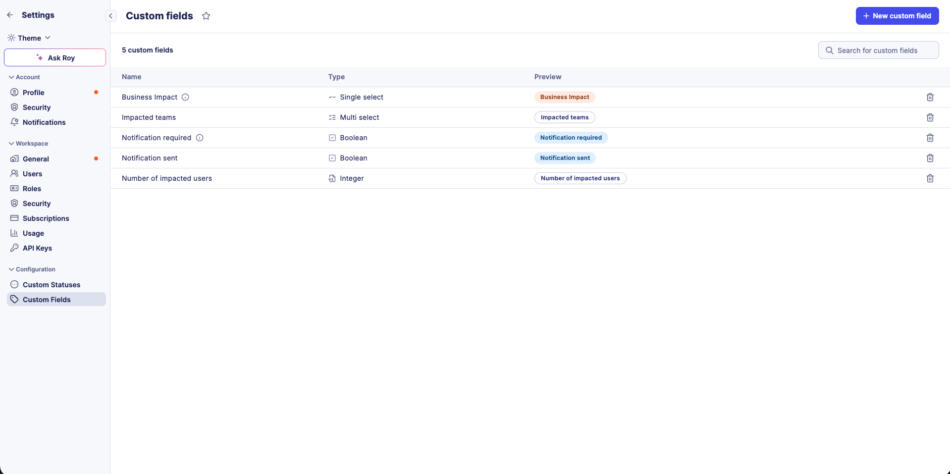 Custom Fields Settings